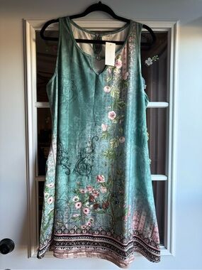 Sleeveless Floral V-Neck Dress in Teal - Brand Unspecified